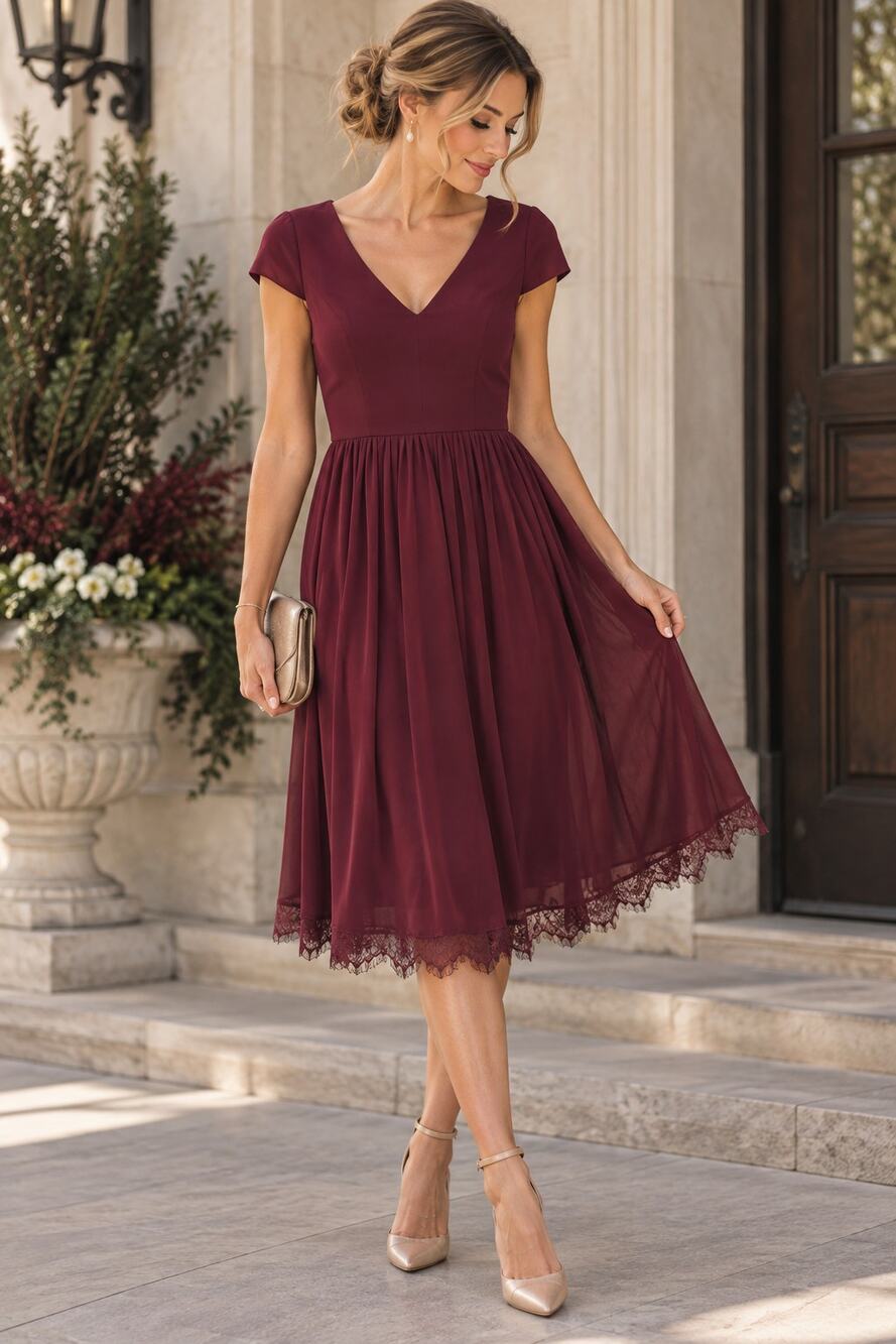 Dress the Population Corey Dress Small Burgundy Chiffon Lace Fit Flare